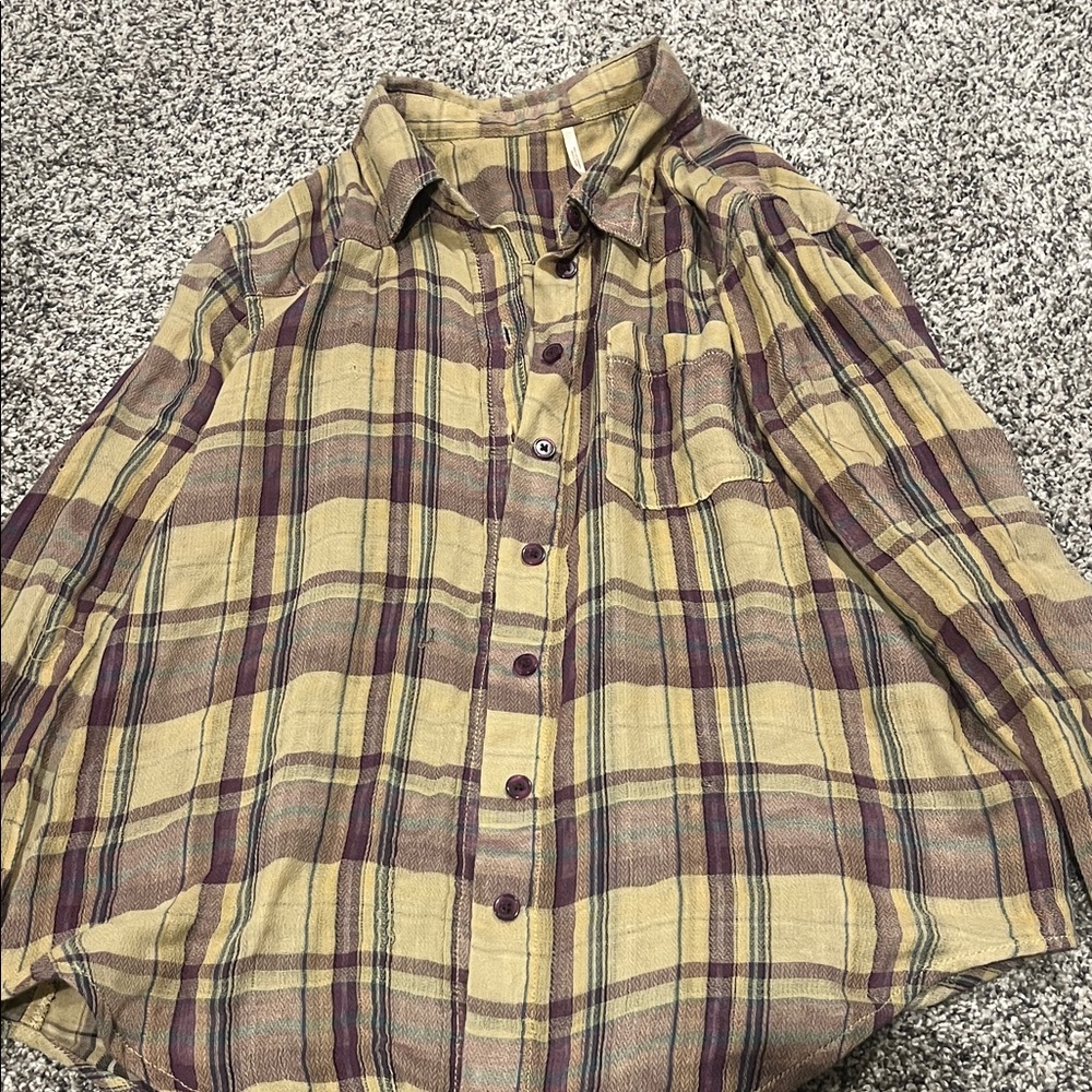 Free People Plaid Button-Down Shirt in Yellow and plum